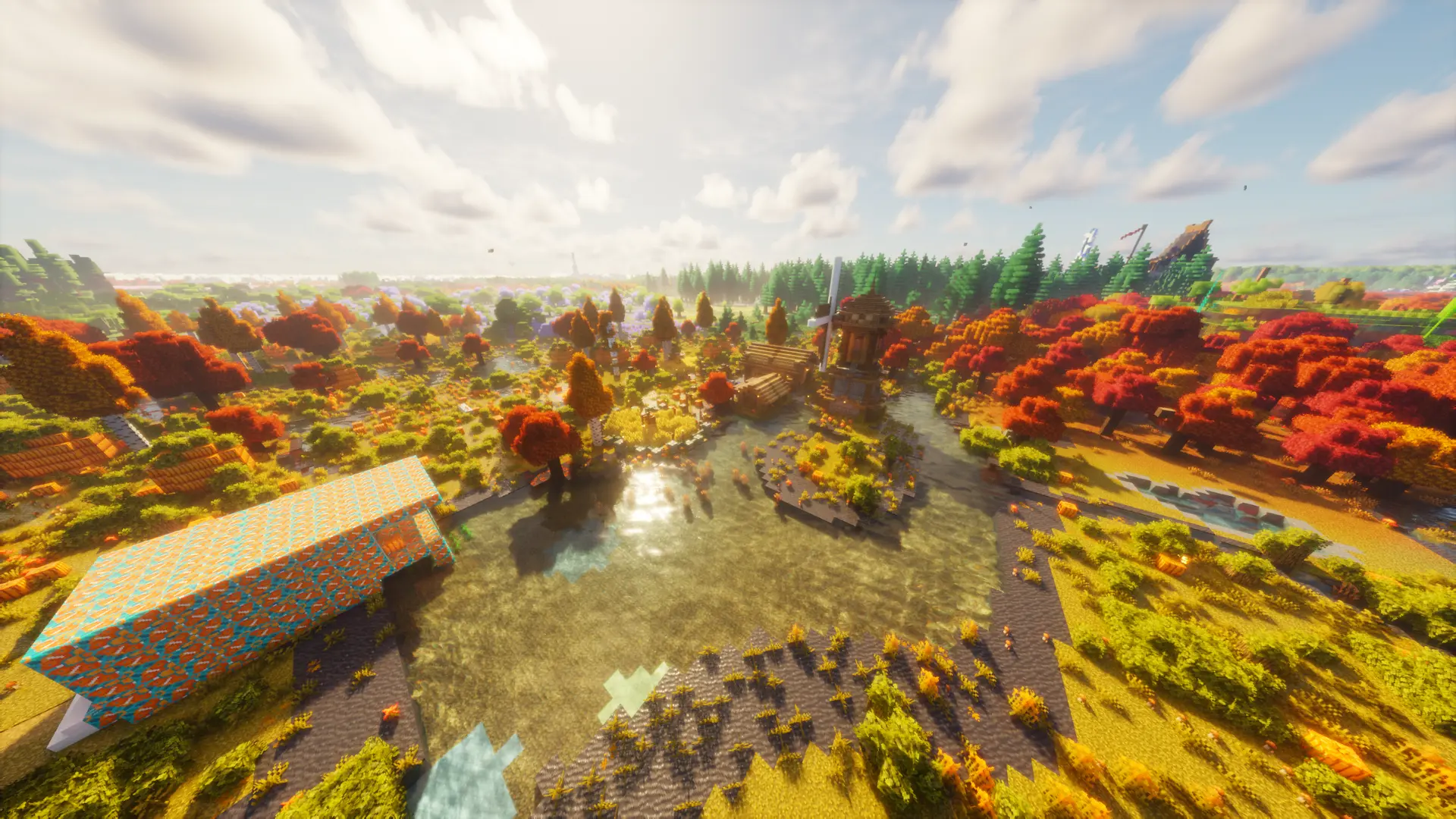 Aerial village and windmill in ray traced light – Minecraft realistic texture pack | OmniRTX