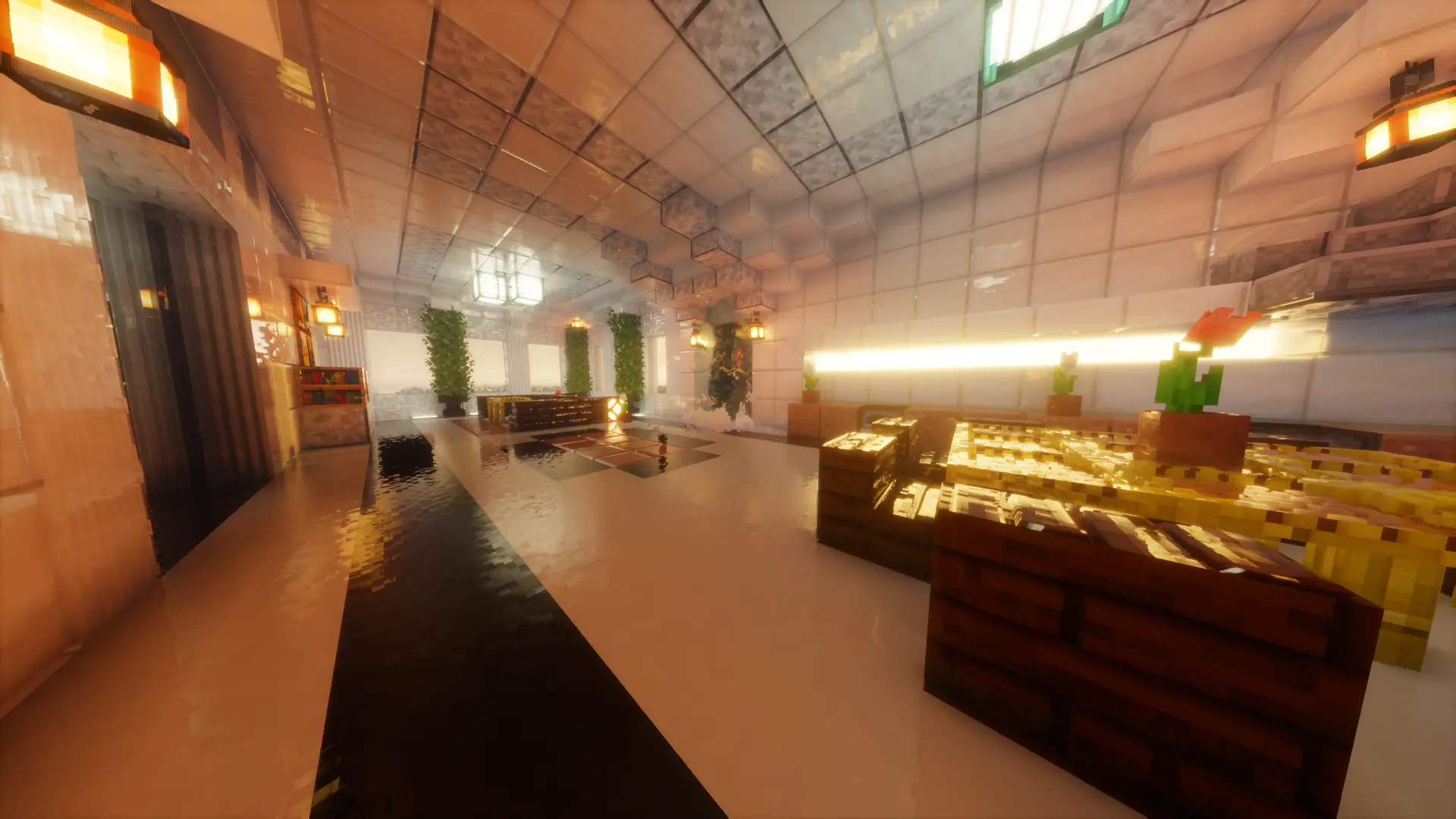 Modern quartz lobby with PBR floors – Minecraft shaders texture pack | OmniRTX